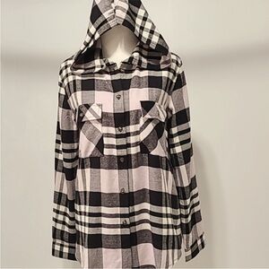 Hippie Rose Black and White Plaid Hooded Shirt